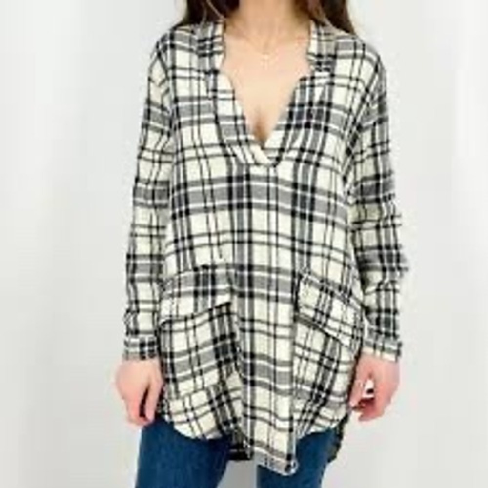 Free People CP Shades Plaid Tunic Shirt Dress Cotton Black White‎ Oversized S